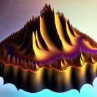 Surreal digital artwork: Brown and gold peak-like landscape on blue and pink gradient