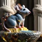 Whimsical mouse with gem-encrusted shell on golden pedestal in digital art