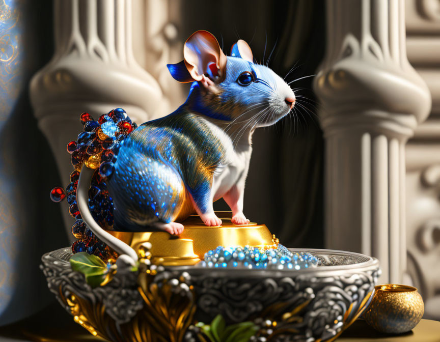 Whimsical mouse with gem-encrusted shell on golden pedestal in digital art