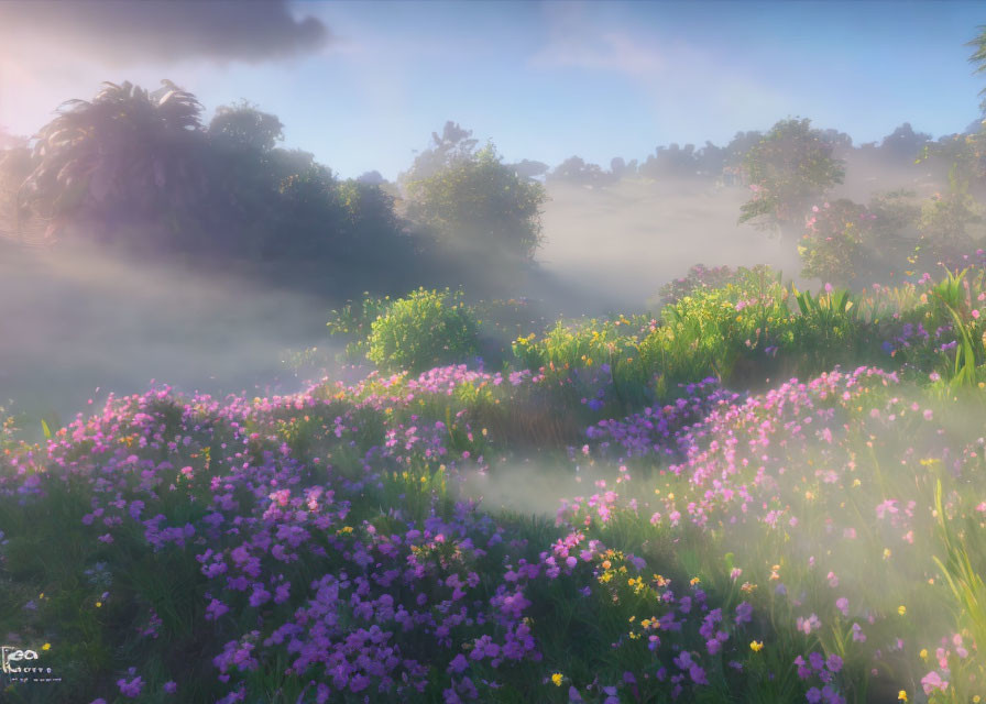 Misty flower meadow at sunrise or sunset