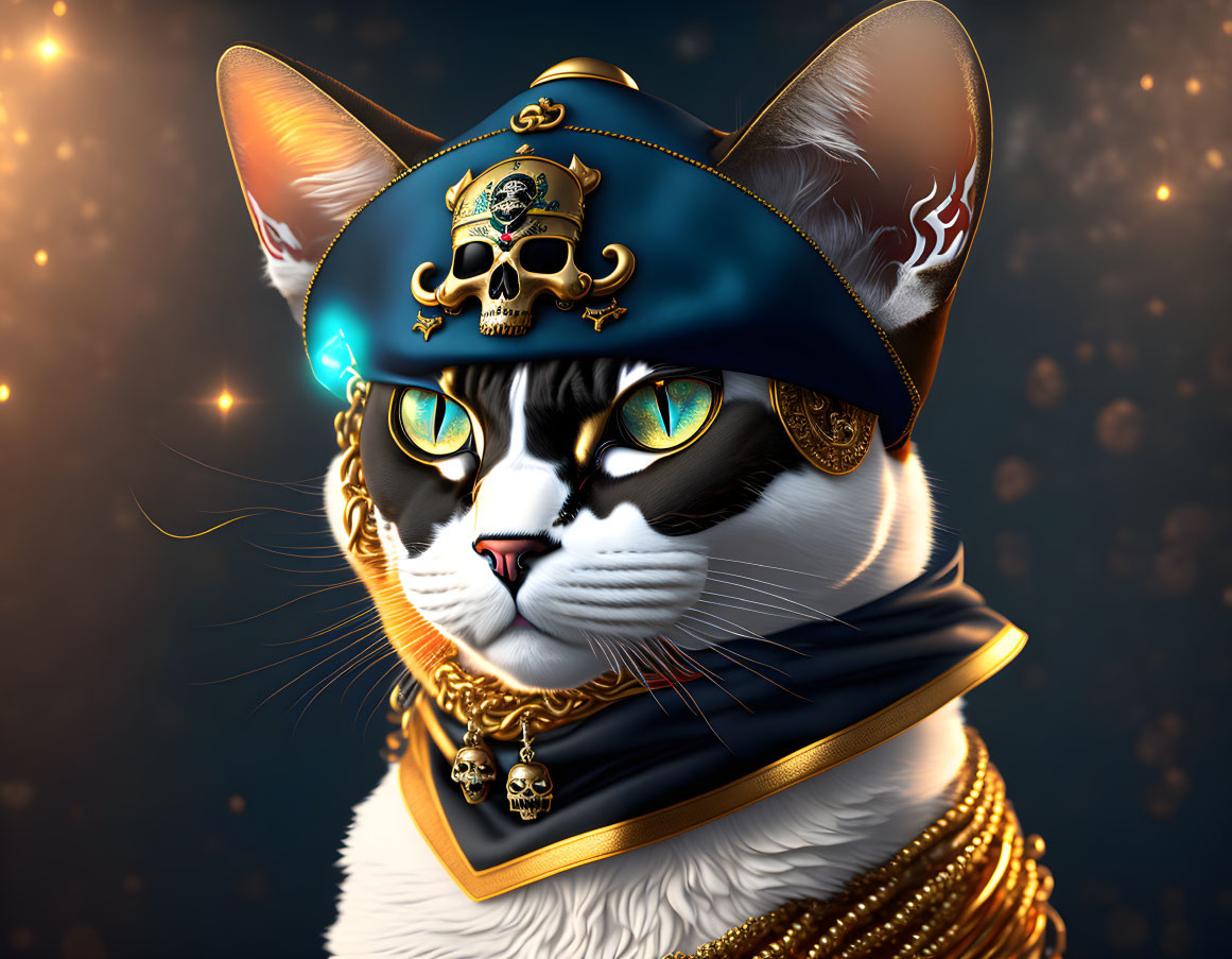 Digital image of cat in pirate captain costume with gold-trimmed hat and jewelry