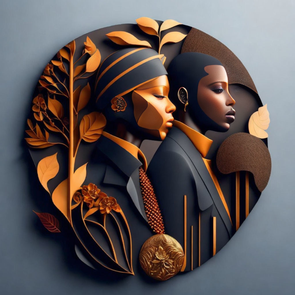 Circular Artwork Featuring Two Side-Profile Faces Amid Autumn Foliage