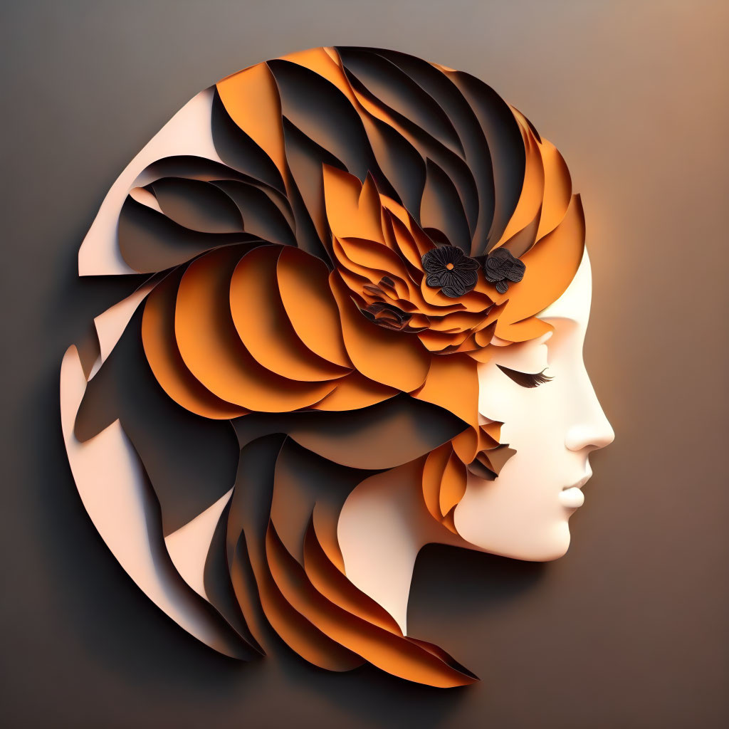 Profile view woman with stylized orange and brown hair and flowers in 3D paper art effect