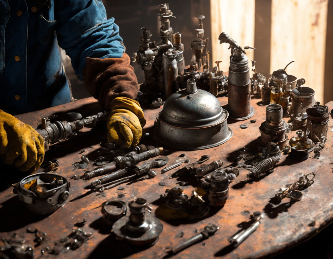 Metalworking Tools Used on Wooden Table in Workshop