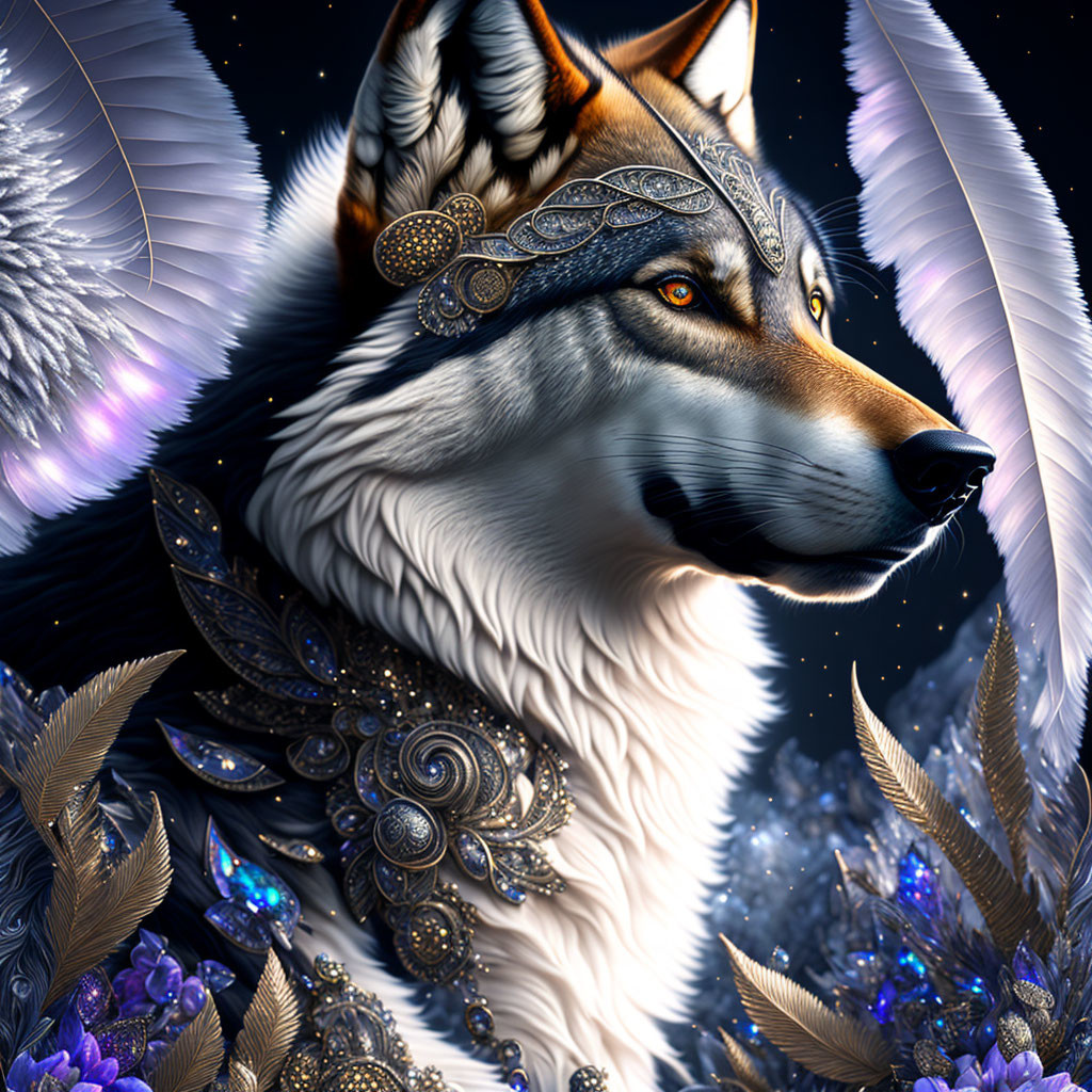 Majestic wolf with metallic armor and wings in starry night scene