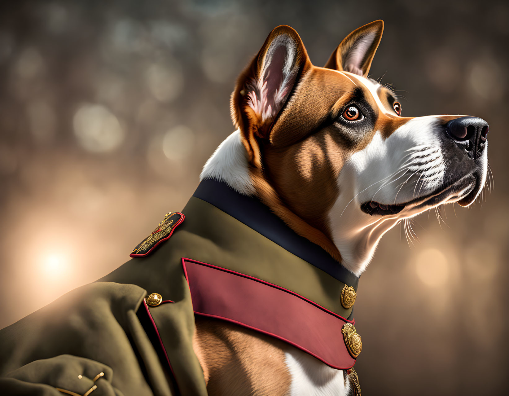 Digital art: Dog in military uniform with ornate epaulettes gazing afar