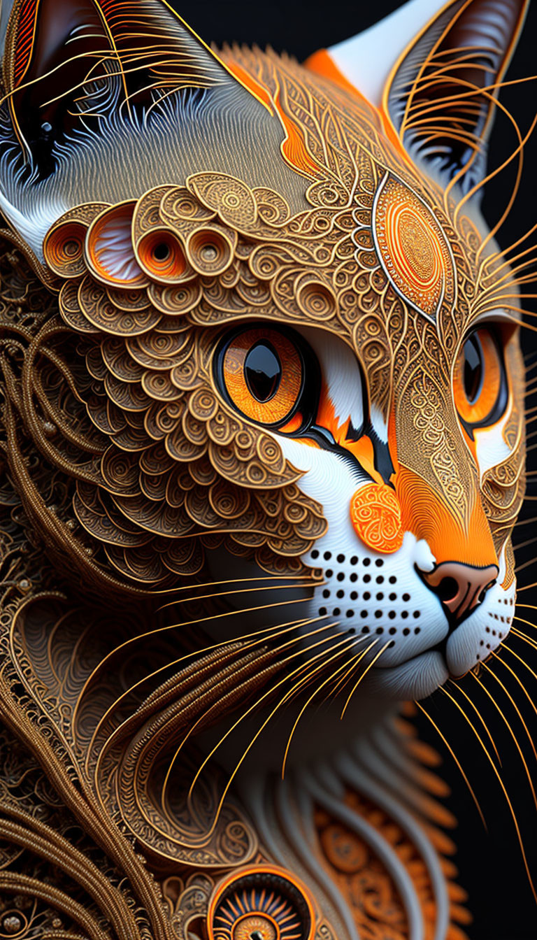 Detailed Digital Cat Artwork with Orange and White Patterns on Black Background