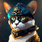 Digital image of cat in pirate captain costume with gold-trimmed hat and jewelry