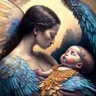 Illustration of woman with feathered wings embracing sleeping infant in magical bird-filled scene