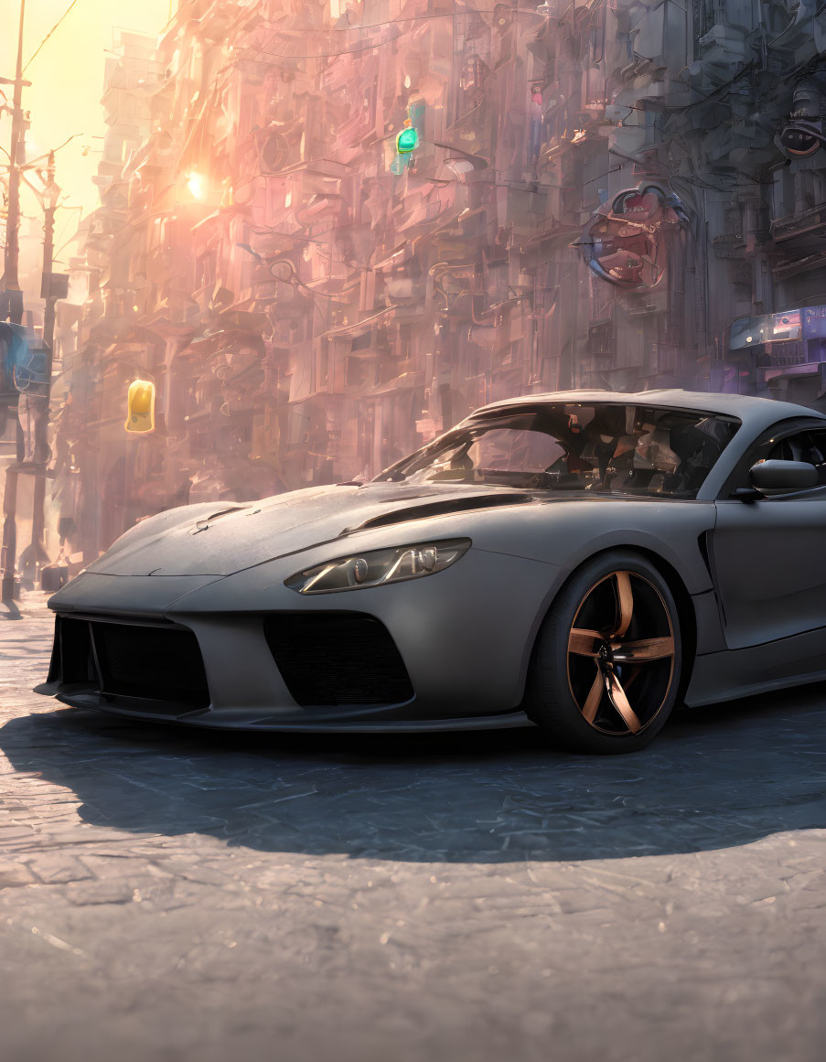 Futuristic gray sports car in cyberpunk cityscape