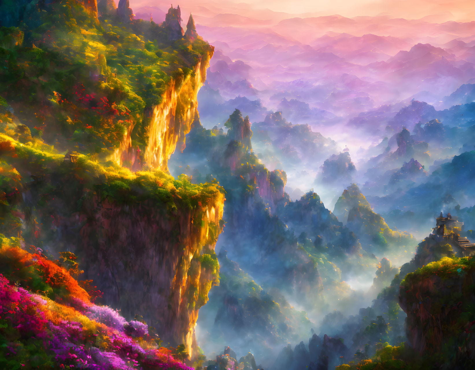 Ethereal landscape with misty valleys, waterfalls, lush foliage & distant temple