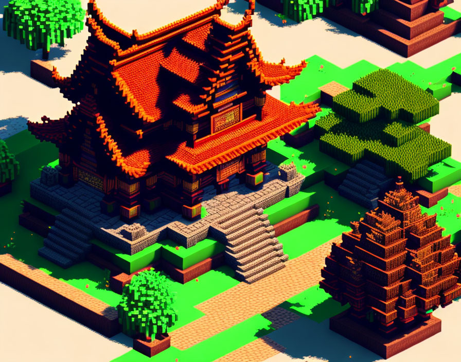 Colorful Asian temple in voxel art style with pixelated trees and stairs