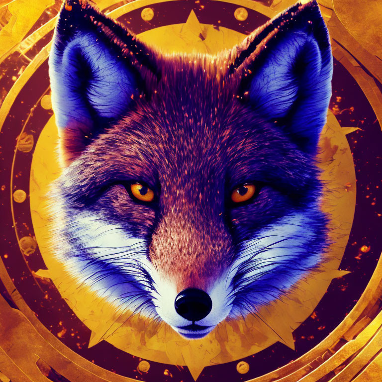 Detailed digital art of a fox face on a golden geometric backdrop