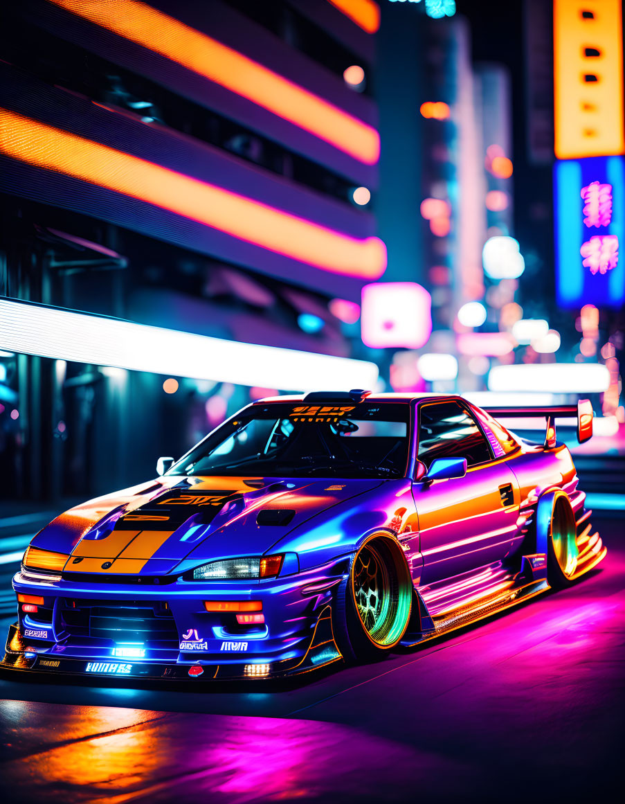 Vibrant neon-lit sports car in the city at night