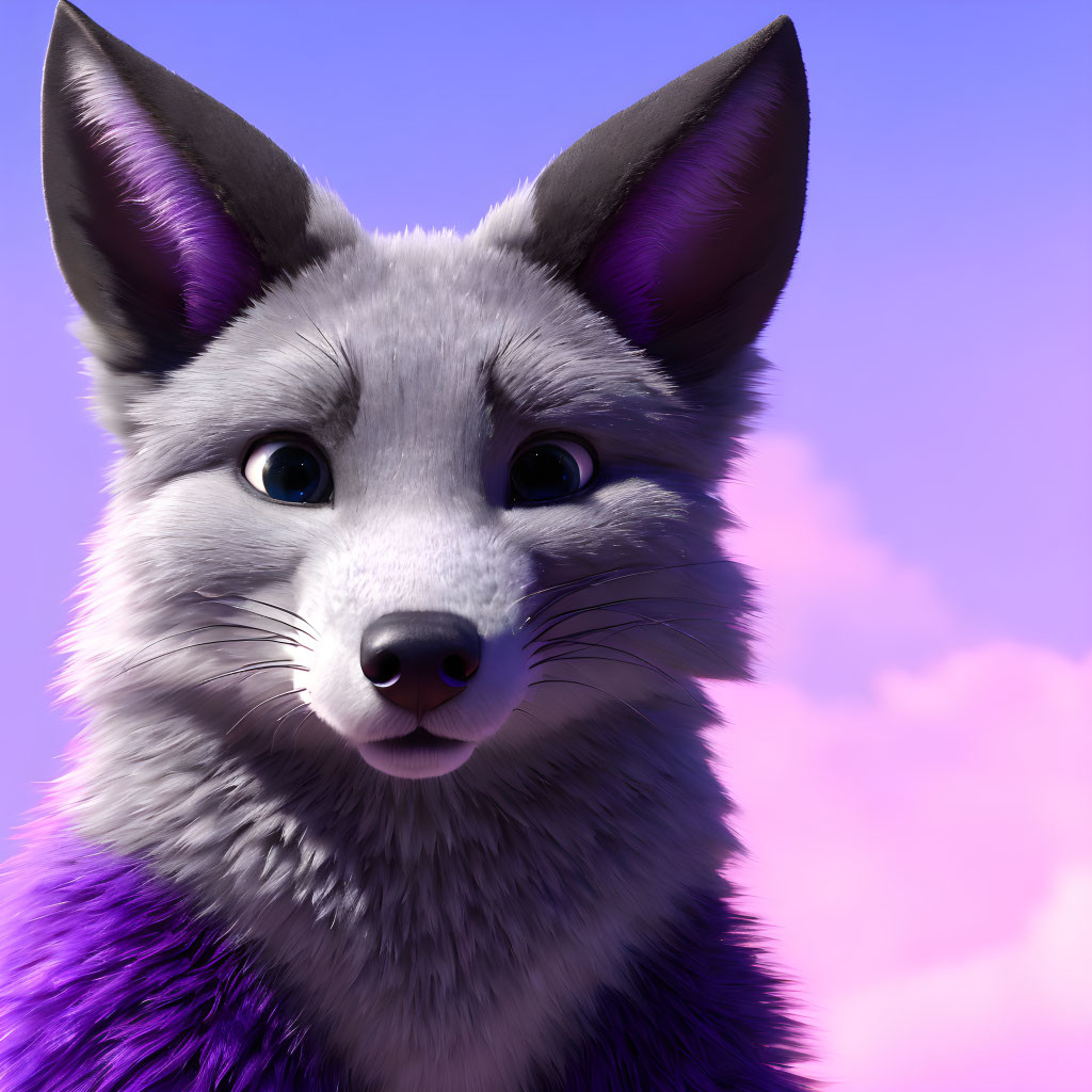 Purple anthropomorphic fox under purple sky with pink clouds