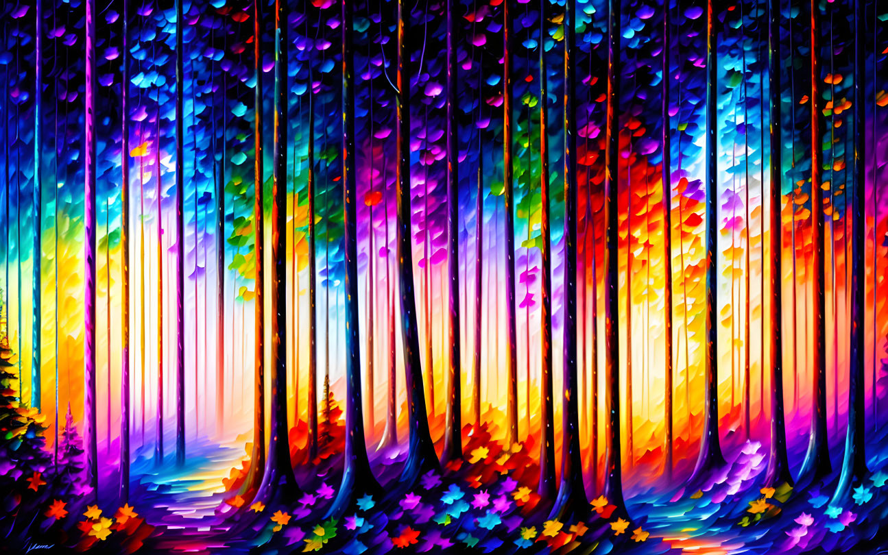 Colorful digital forest artwork with vibrant stylized trees on radiant background