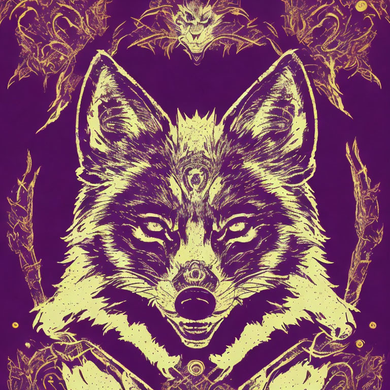 Symmetrical Golden Wolf Face on Purple Background