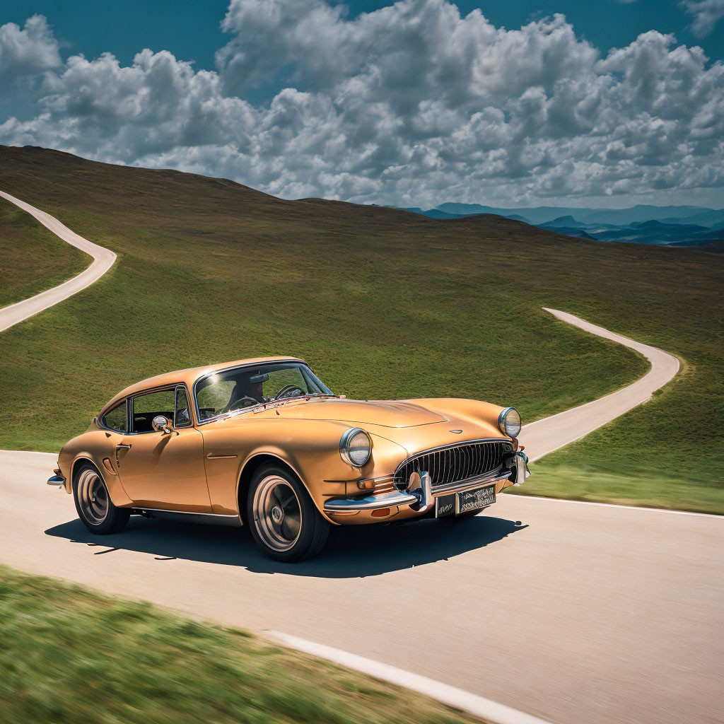 Vintage golden car driving on winding road through green hills under blue sky