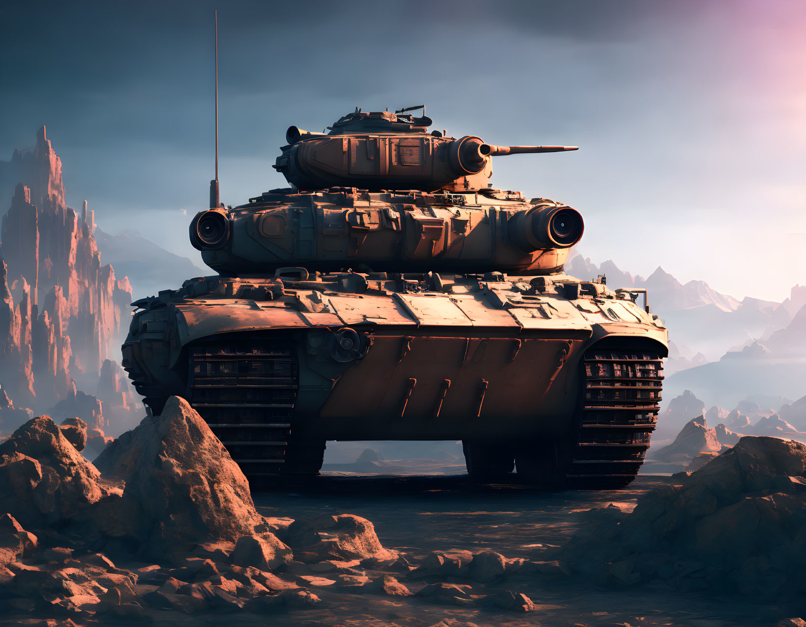 Advanced armored tank on rugged alien landscape at dusk