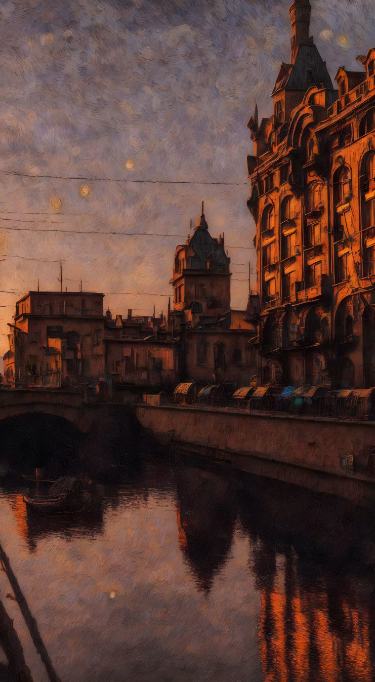 Impressionist-style painting of historic building by canal at sunset