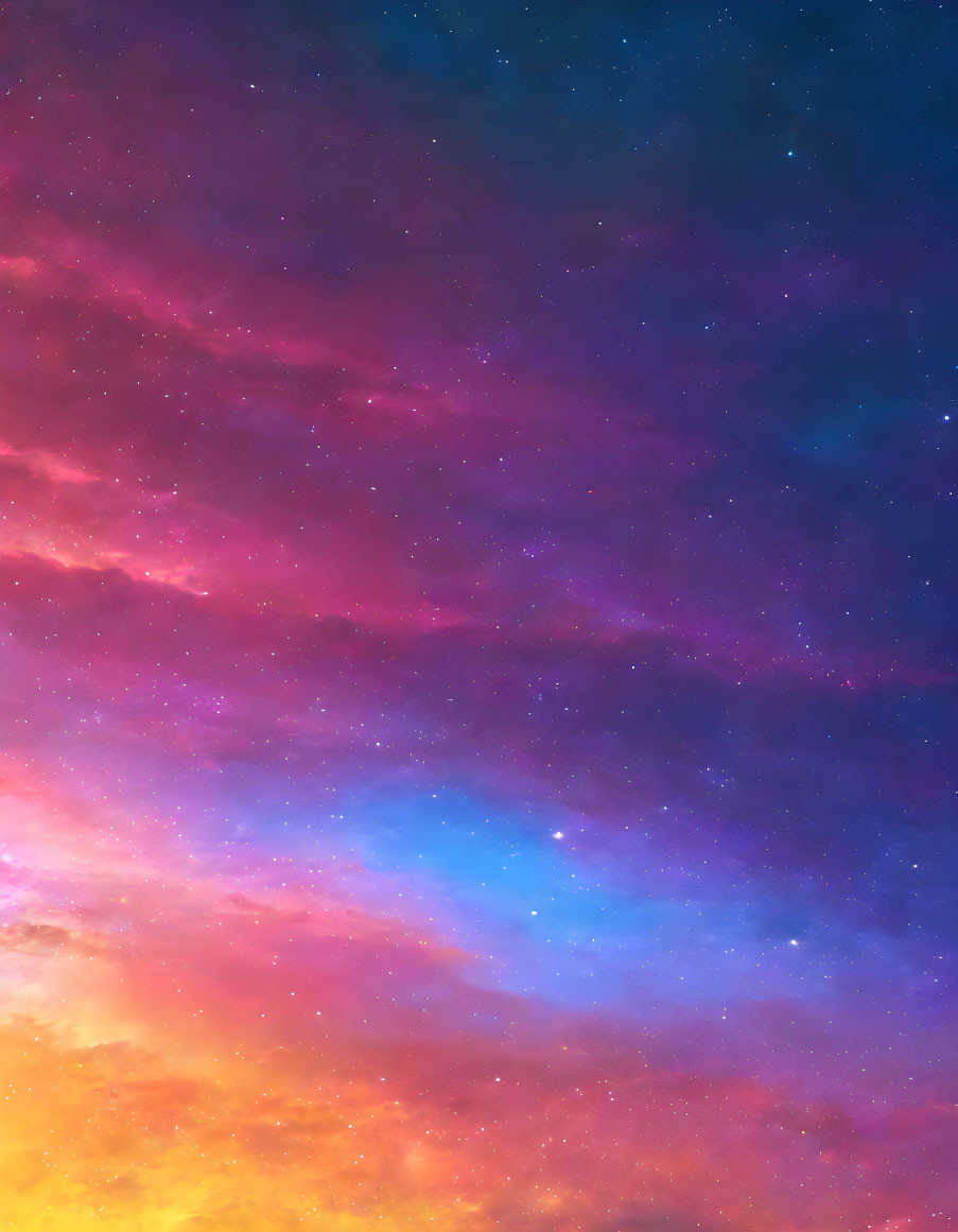 Colorful cosmic sky gradient from blue to orange with scattered stars.