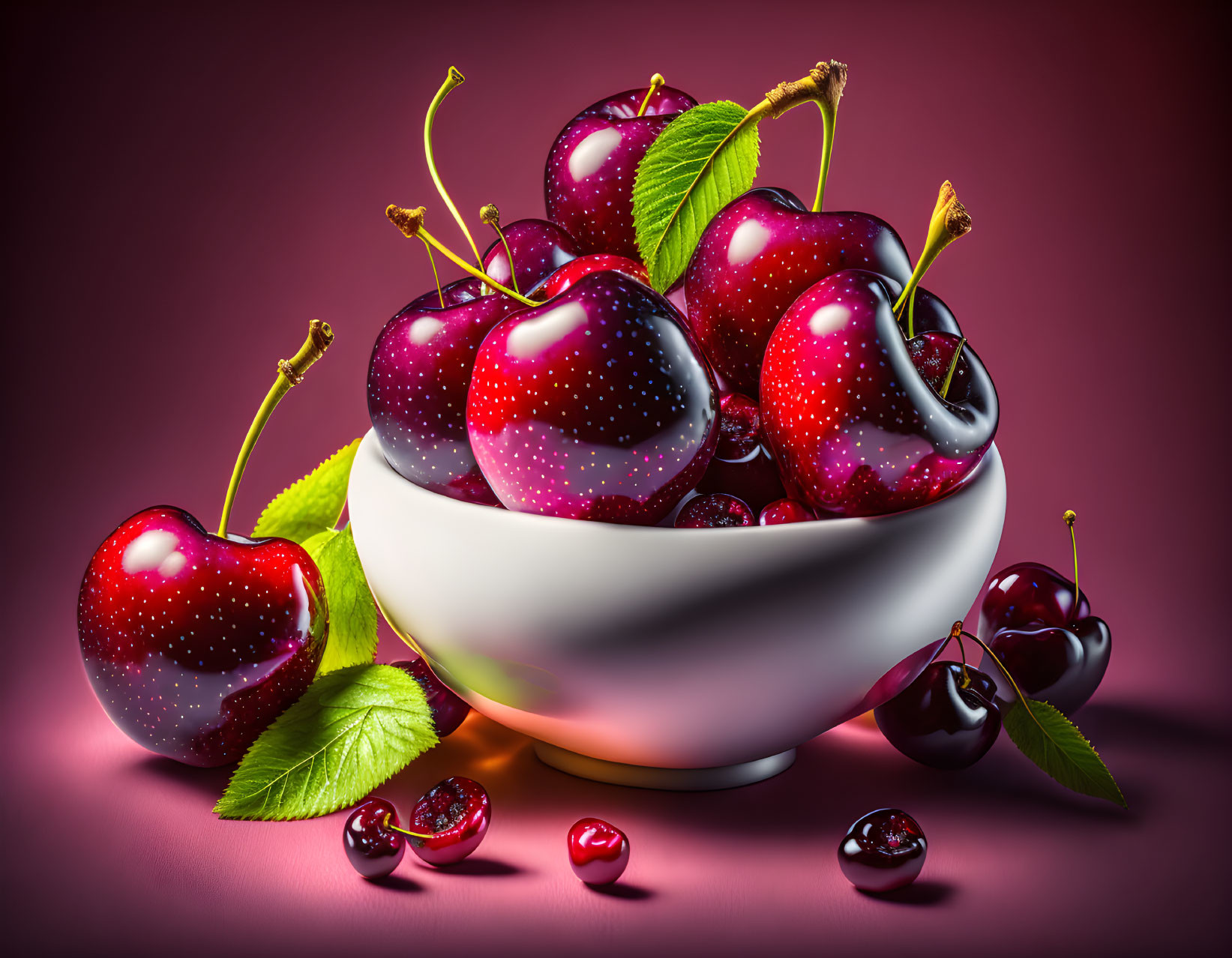 Shiny cherries in a bowl on purple background