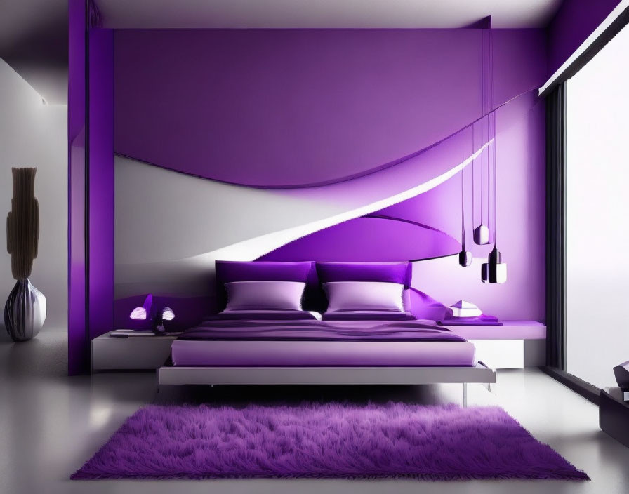 Stylish modern bedroom with purple and white decor elements