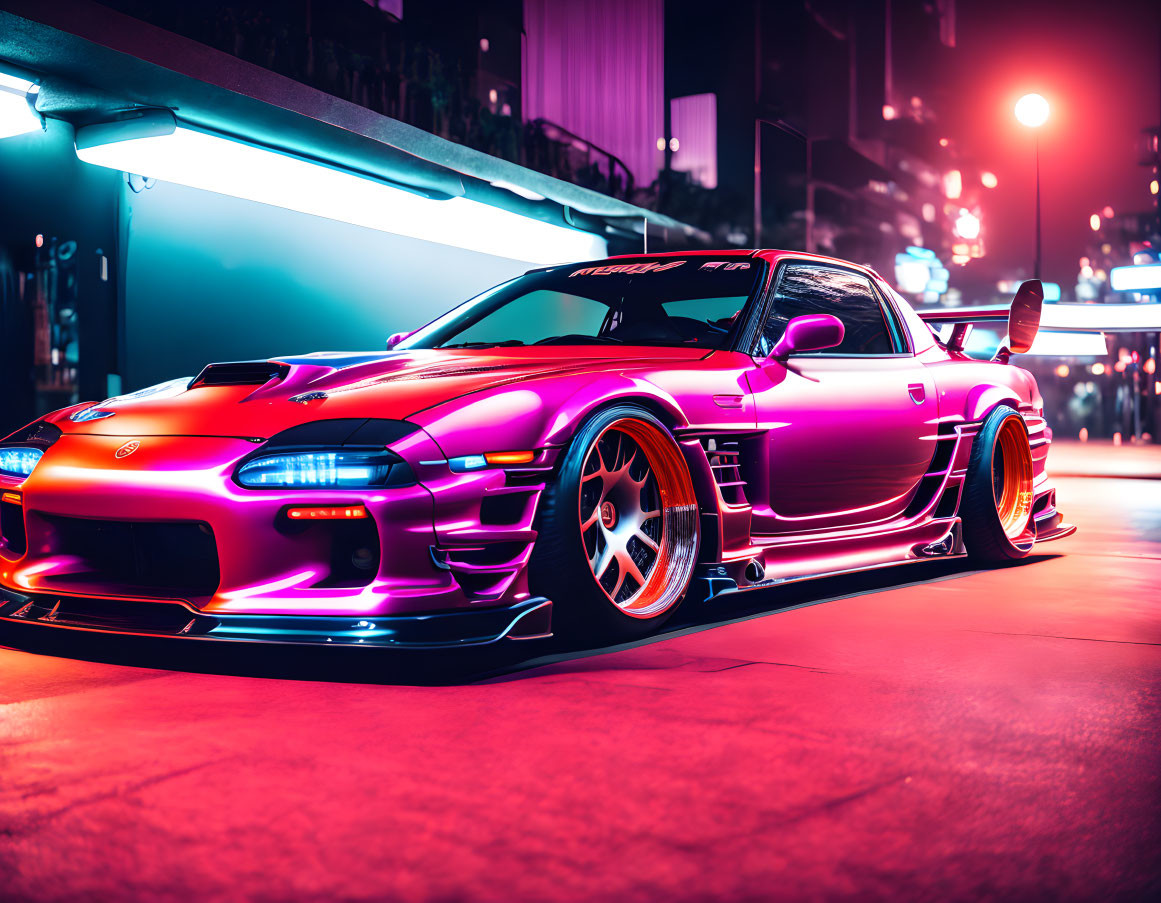 Vibrant pink and purple sports car with neon lights in city at night