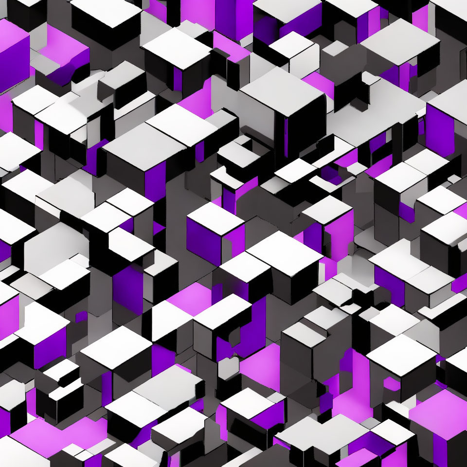 Isometric 3D illustration of black, white, and purple cubes forming complex geometric pattern