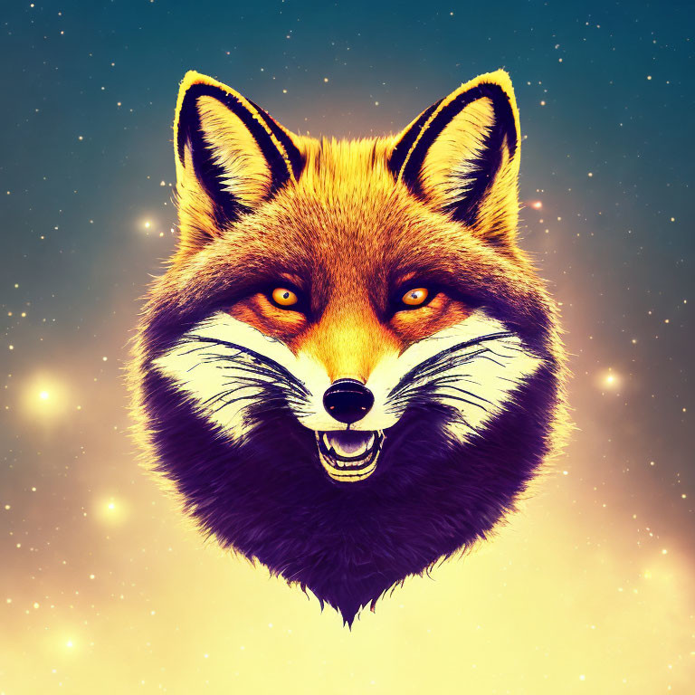 Vibrant Fox Head Artwork Against Starry Night Sky