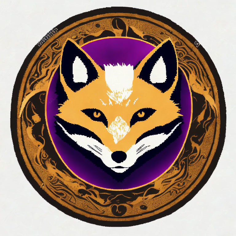 Stylized Fox Face Illustration in Purple and Orange Swirling Motif