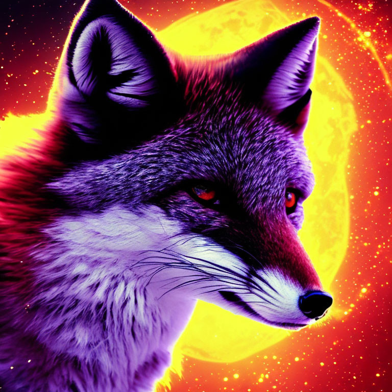 Vivid illustration: Fox with red eyes under fiery red moon