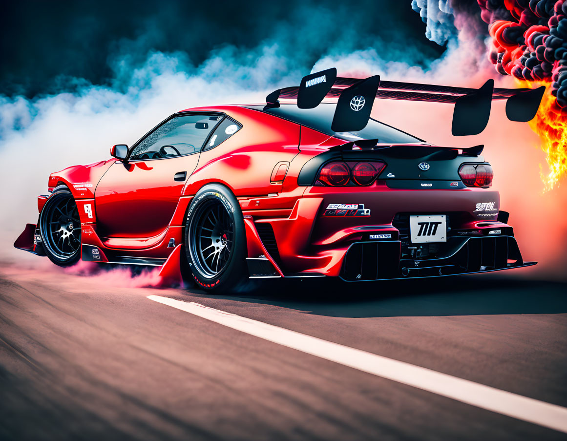 Customized red sports car shooting flames with motion blur background