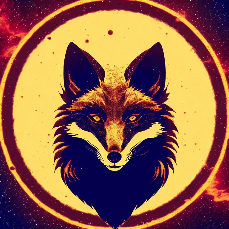 Stylized fox head graphic on fiery cosmic backdrop