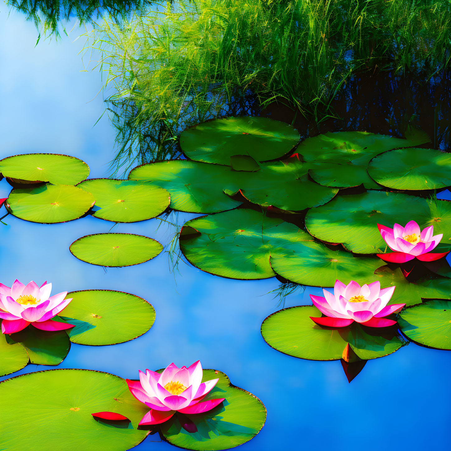 Tranquil blue pond with vibrant pink water lilies and green lily pads