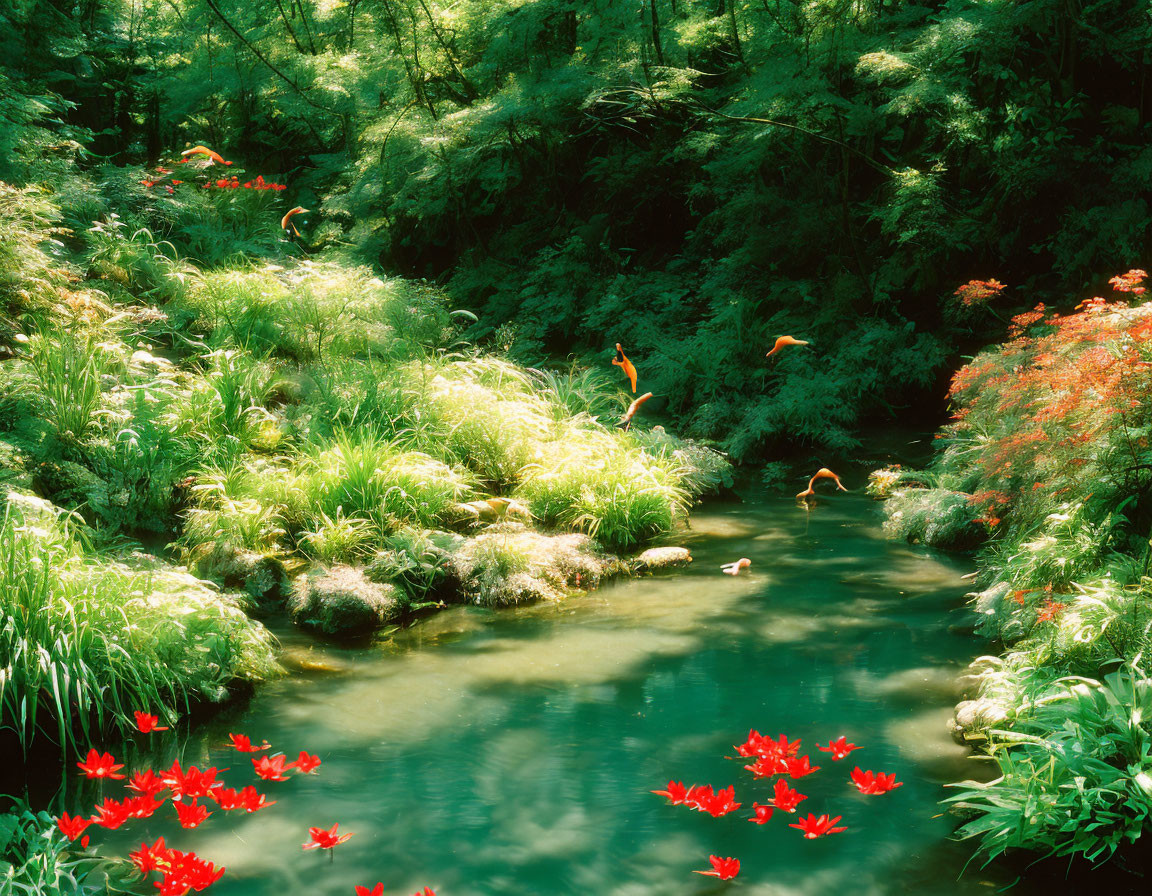 Tranquil pond with red flowers and lush greenery