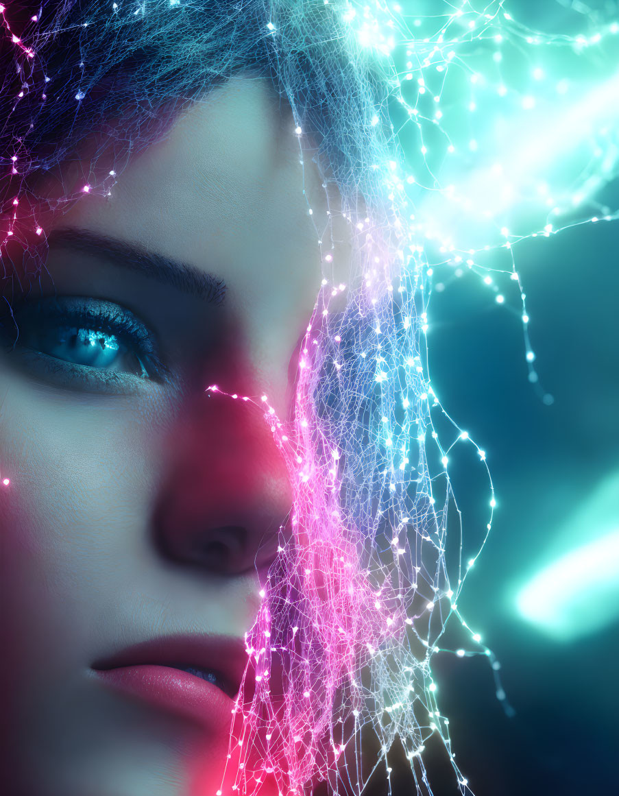 Close-up of woman's face with vibrant blue eyes and neon digital overlay.