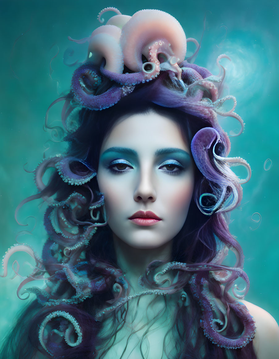 Portrait of Woman with Octopus Hair on Teal Background