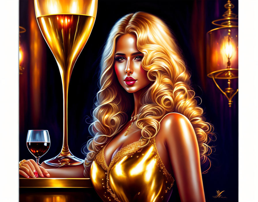 Illustration of glamorous woman in golden dress with wine and champagne glasses