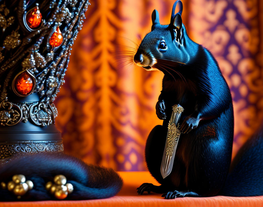 Whimsical photo of black squirrel with miniature sword in ornate setting