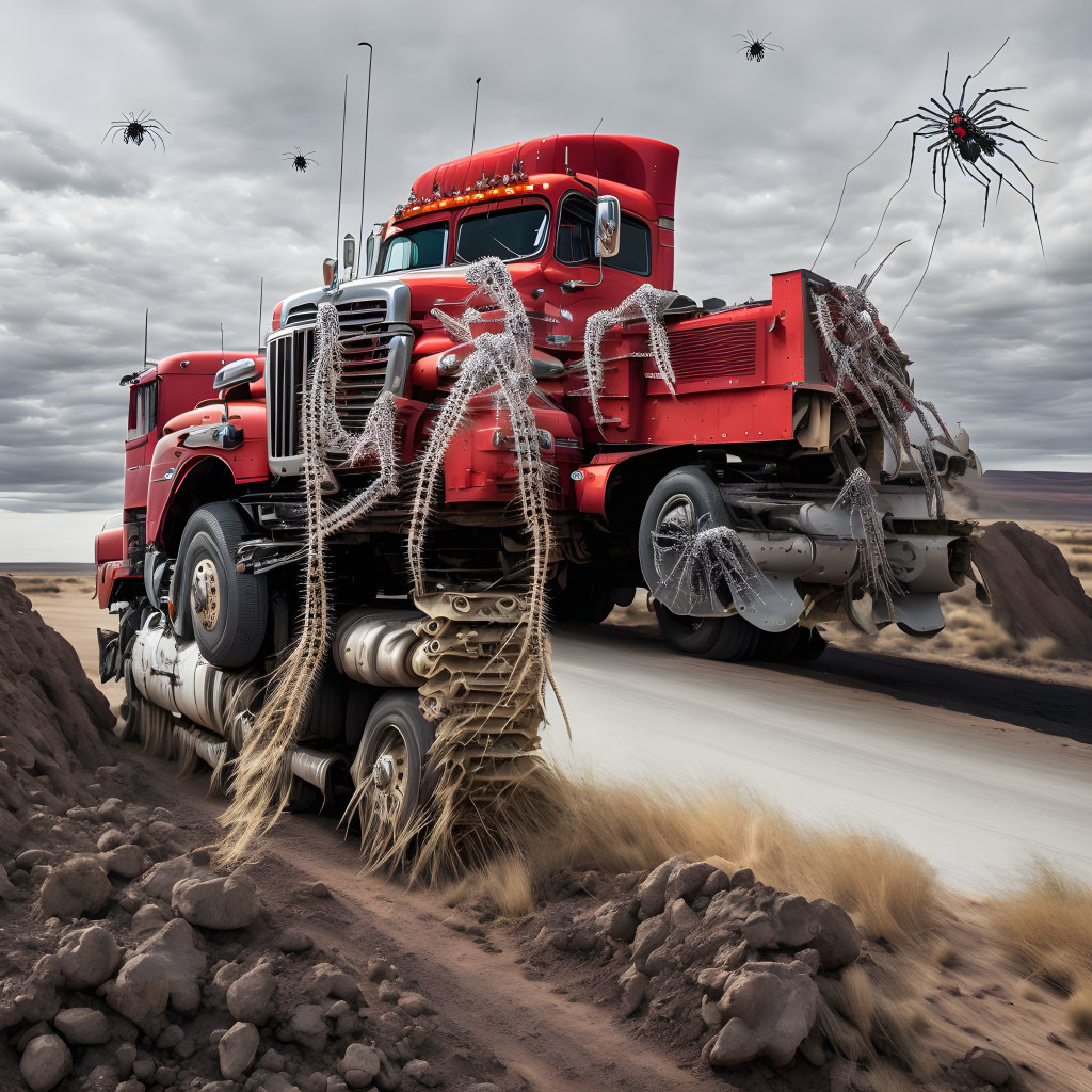 Red semi-truck in off-road scene with giant spiders and cobwebs.