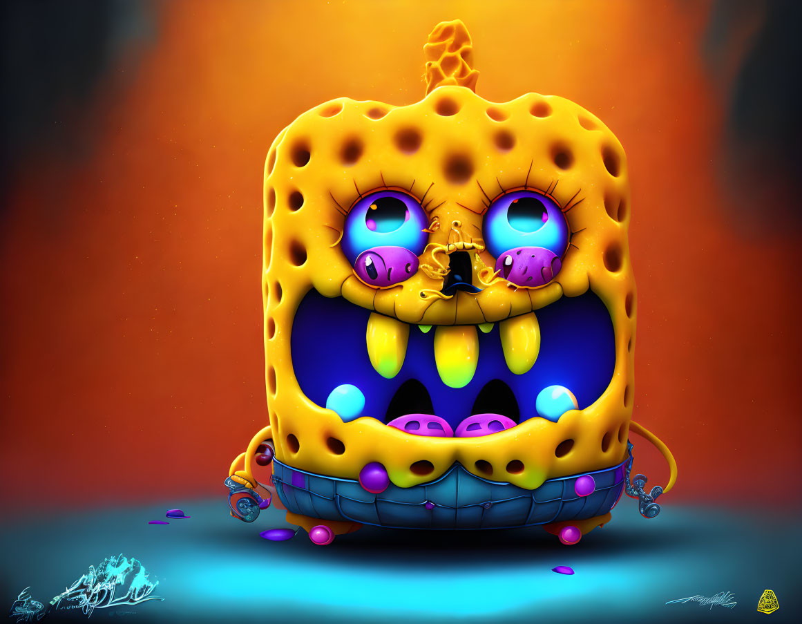 Twisted SpongeBob SquarePants with spooky features in fiery setting