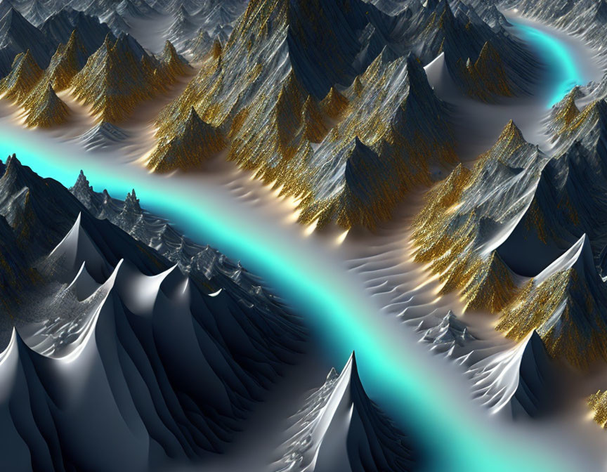 Surreal landscape with sharp fractal mountains and glowing turquoise river