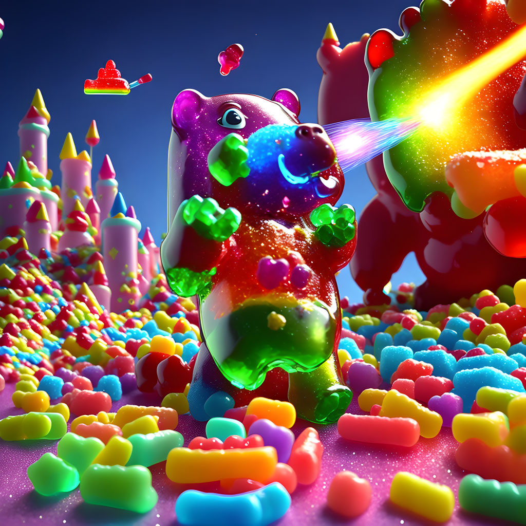 Colorful surreal landscape with gummy bears, candy, and rainbow laser bear.