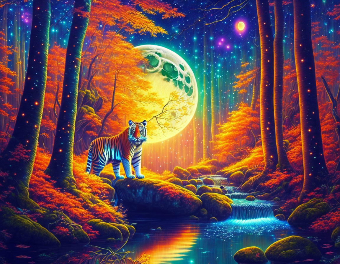 Fantasy forest with oversized moon, blue-striped tiger, radiant trees