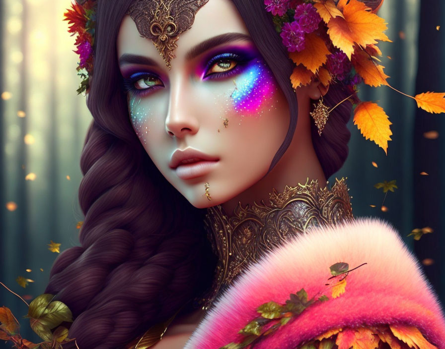 Digital art portrait of woman with cosmic makeup, autumn leaves, and colorful fur cloak