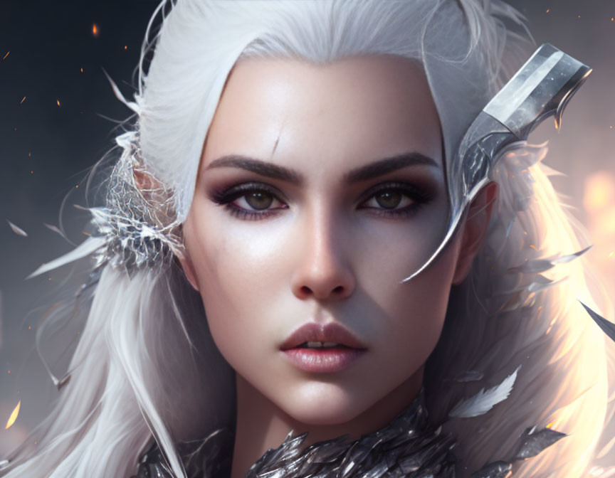 Fantasy character with white hair, brown eyes, and silver feathered accessories