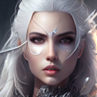 Fantasy character with white hair, brown eyes, and silver feathered accessories