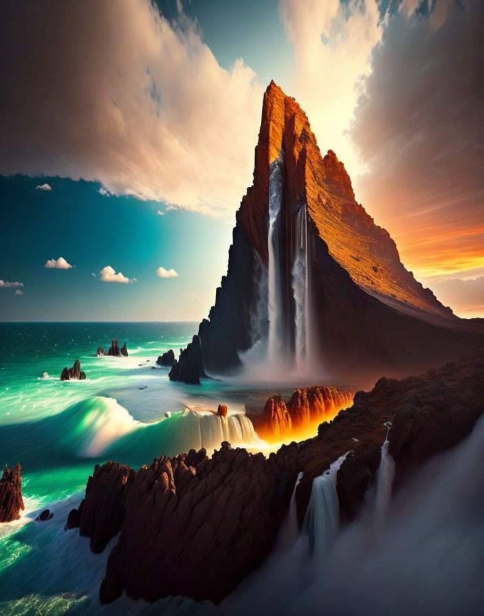 Majestic waterfall cascading into ocean at sunset