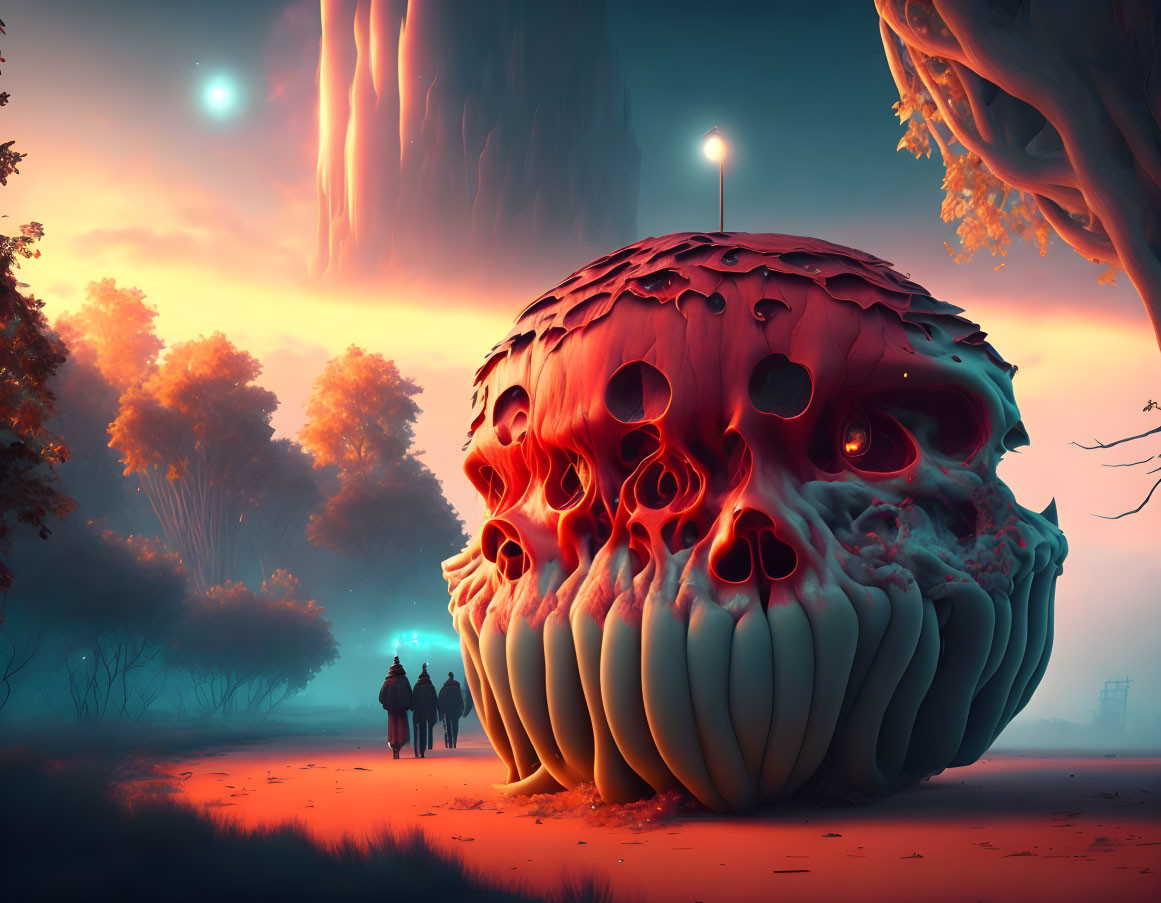 Surreal dusk landscape with figures near giant skull-shaped structure